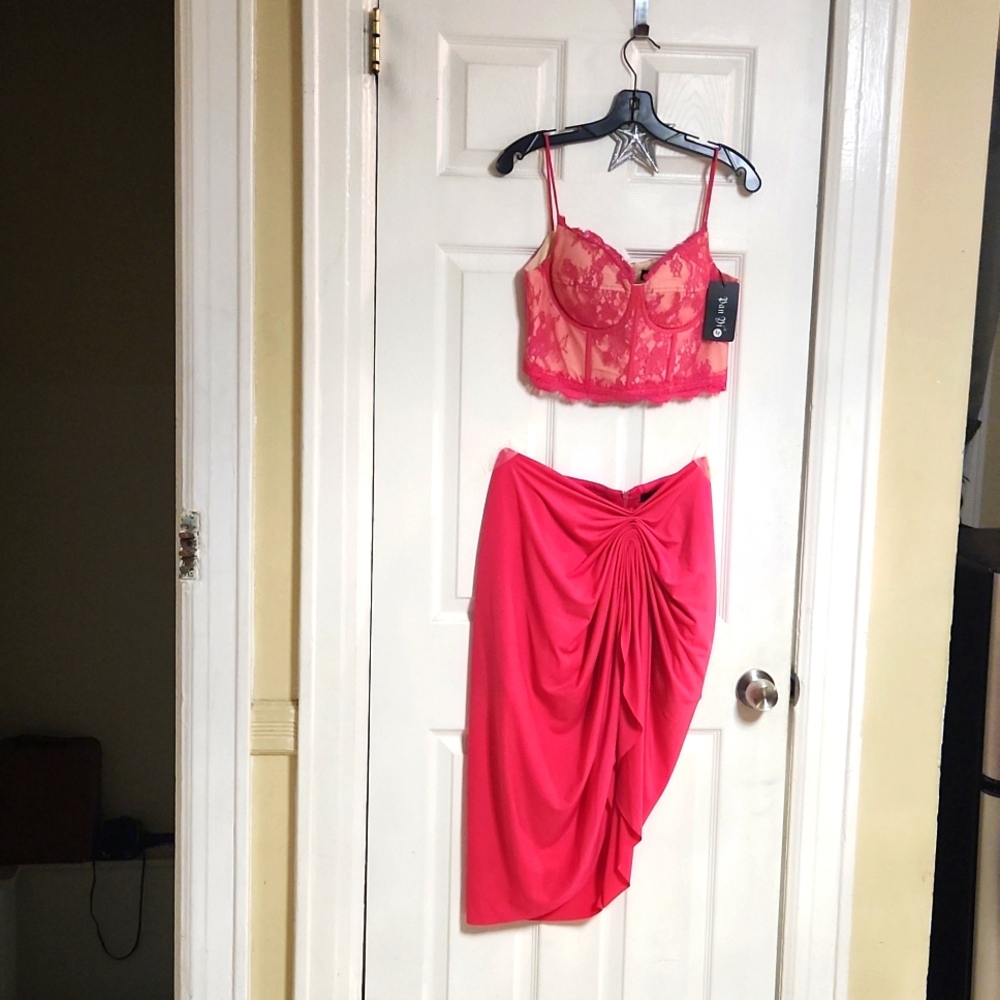 Pink Lace Bralette and Skirt Set